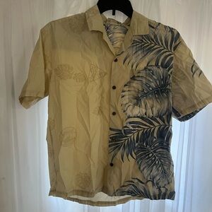 Men’s Wini Fashion Hawaiian Tropical Button Up Shirt Size Large Beige  Palm Leaf